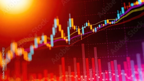 Stock market analysis chart with candlestick patterns and trends.