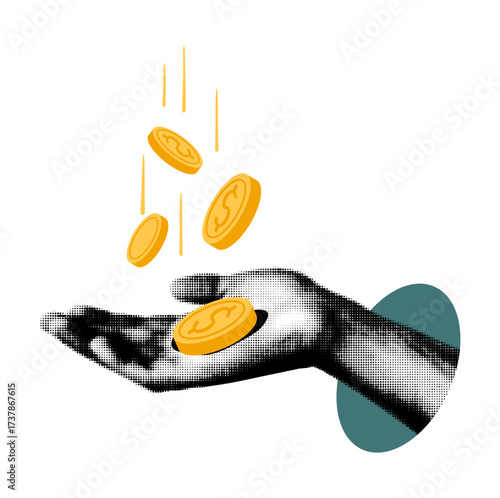 A trendy halftone collage element. A cut-out hand with money falling into it, a modern vector illustration with a vintage dotted texture. Mixed-media design on a transparent background.