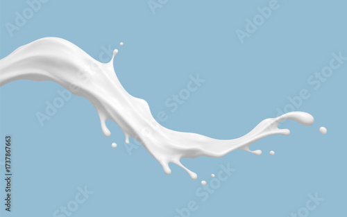 Realistic milk splash wave on blue background. Vector dairy concept