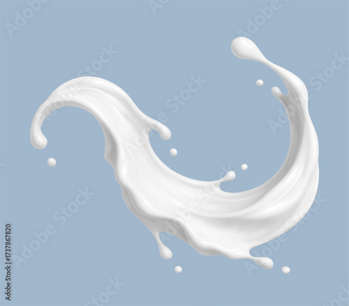 Realistic milk splash wave on blue background. Vector dairy concept