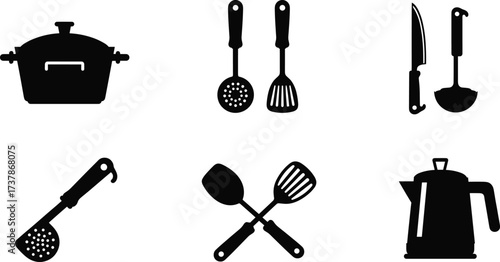 Kitchen utensil silhouette, cooking tool icon, black vector, culinary equipment, spatula spoon knife, electric kettle, editable graphic, isolated design