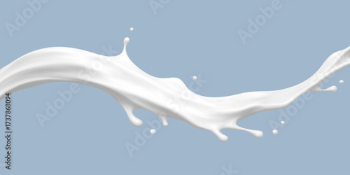 Realistic milk splash wave on blue background. Vector dairy concept
