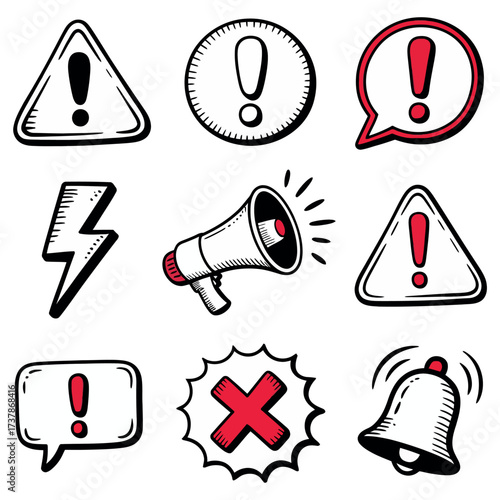 Hand drawn warning signs collection alert symbols cautionary icons danger notifications and alerts graphics
