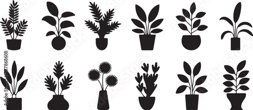 potted plants silhouette, indoor plant vector, black plant clipart, botanical home decor, foliage planters svg, minimalist pot plants, house plant artwork, natural greenery design, decorative plant sh