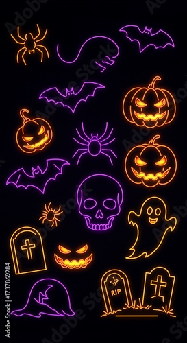 Glowing Neon Halloween Icons Spooky and Festive Background Illustration