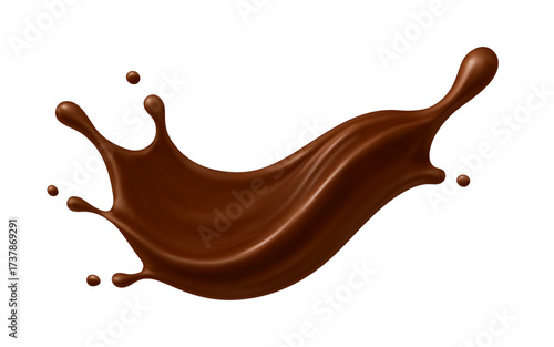 Realistic chocolate splash with drops. Dessert and confectionery concept. Vector illustration