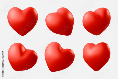 Set of red realistic 3D hearts icon in different angles isolated on white background. Perfect for romantic Valentines Day, Mother day, Wedding or Birthday greeting card love symbol Vector illustration