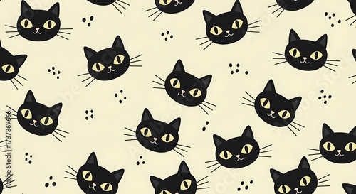 Black cat faces seamless pattern background with dots Halloween concept