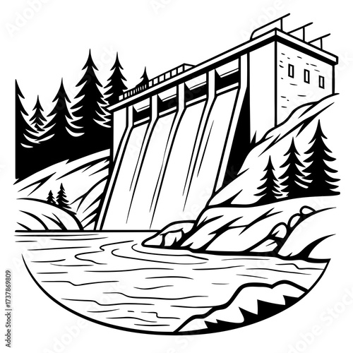 Flat vector icon of hydroelectric dam with frozen lake