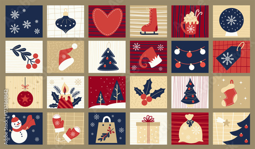 Merry square Sticker Planner Set. Christmas labels Icons with Holiday Element cute snowman, New Year ball, Xmas Tree, price tag, Santa hat, tree, garland and holly. Isolated Vector illustration Not AI