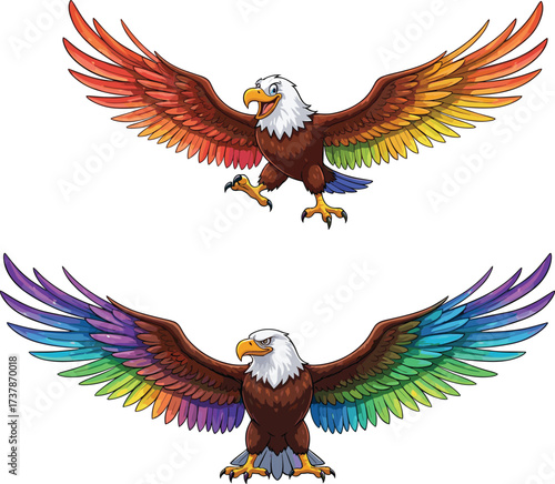 Rainbow eagle, colorful wings, majestic bird, flying eagle, vibrant feathers, symmetrical pose, wildlife art, gradient colors, digital illustration, powerful stance