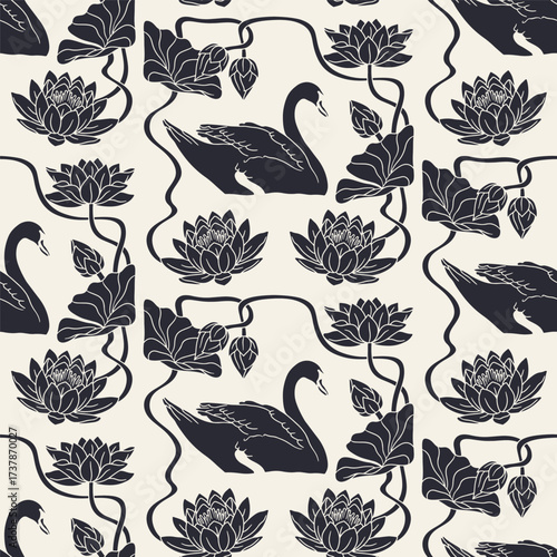 Vintage art nouveau style hand drawn swan swimming in lake with lotus flowers black and white damask seamless pattern