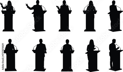 Silhouette speakers at podiums, public speaking icon, debate illustration, leadership concept, communication vector, black style, presentation scene, microphone setup