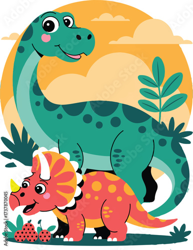 Adorable cartoon dinosaurs family happy scene with plants and sunset sky vector