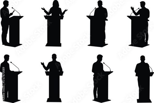 Silhouette speakers at podiums, public speaking gesture, microphone setup, presentation icon, leadership concept, communication vector, black style, formal debate
