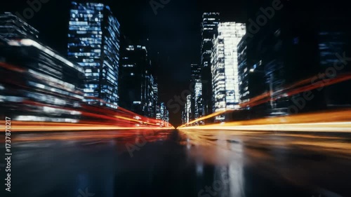 Rapid forward-tracking video through a dark, rain-slicked, neo-futuristic cyberpunk metropolis at twilight. Towering skyscrapers, neon light trails on wet asphalt. Awe-inspiring high-tech city concept