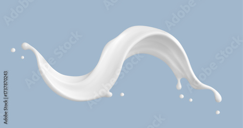 Realistic milk splash wave on blue background. Vector dairy concept