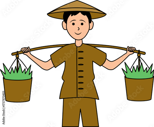 Cartoon depiction of a traditional asian farmer carrying buckets with plants