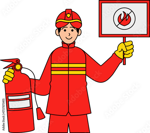 Firefighter with extinguisher and no fire sign educating about prevention