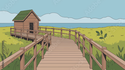 A boardwalk leads to a small wooden house near the ocean under a cloudy blue sky illustration