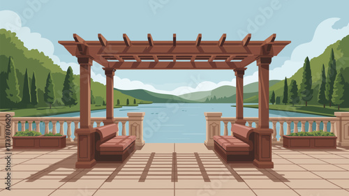 A pergola with benches overlooking a lake surrounded by green hills and trees on a sunny day view scene