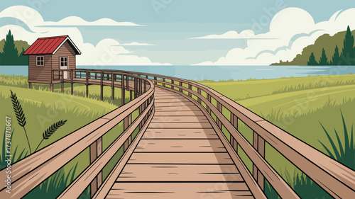 A wooden boardwalk leading to a small house near a body of water on a sunny day with green grass