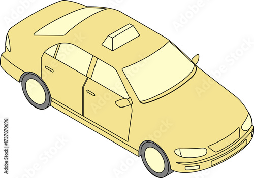 Isometric yellow taxi cab illustration with black background, passenger transport