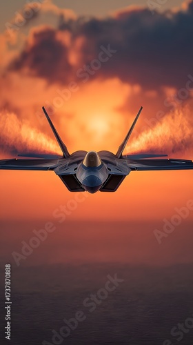 F-22 raptor fighter jet flying sunset sky