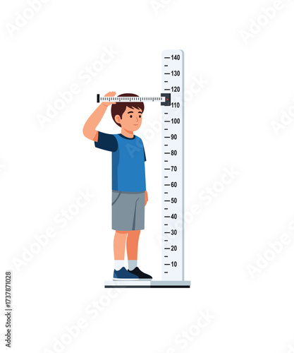 Boy Measuring Height with Stadiometer – Vector Illustration