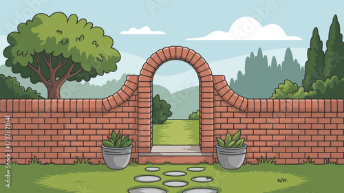 A cartoon garden scene with a brick wall archway leading to a green lawn and distant trees view