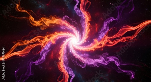 Swirling abstract artwork featuring fiery colored smoke against a starry celestial background
