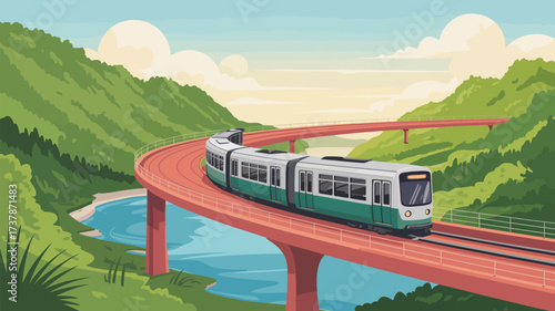A train travels on a bridge surrounded by green mountains and a river on a bright sunny day scene