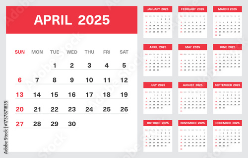 2025 Calendar Template with All Months and Highlighted April Page in Red Theme