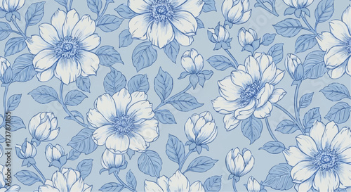 Elegant Floral Pattern Intricate Blue and White Blossoms with Delicate Leaves for Textile Design, Wallpaper, and Decorative Arts, Evoking Nostalgia and Timeless Beauty