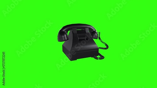 Classic Black Rotary Phone with Red Dial Rotating on Green Screen