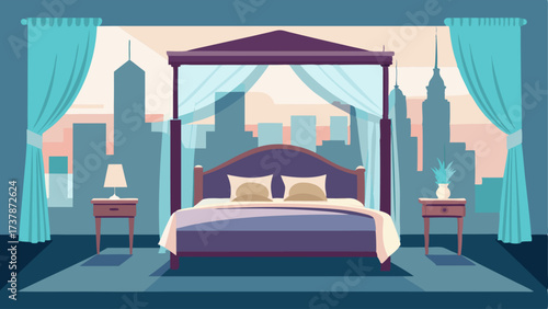 An airy loft bedroom with a canopy bed and curtains offers a serene escape from the bustling city below.