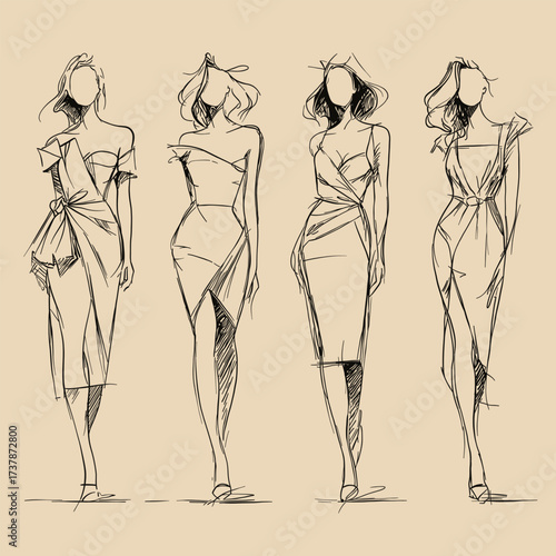 Set of four hand drawn sketches of women in stylish dresses. Elegant line art for fashion design, illustration and creative projects