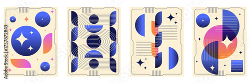 Modern Abstract Geometric hi tech poster cover set. Vector illustration of trendy Abstract placard with Geometry shapes and computer chip. Perfect gradient background. EPS 10