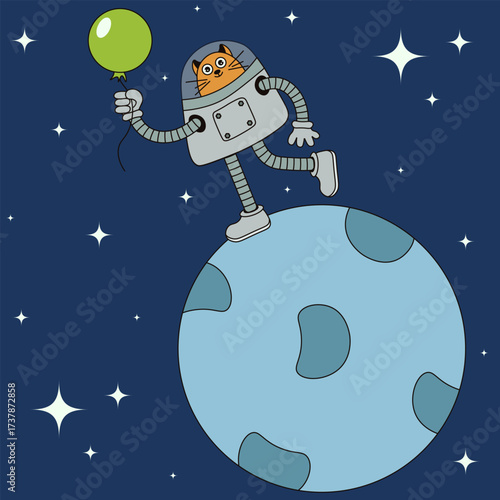 Cosmic art. Vector illustration of whimsical cat Astronaut on the moon with air balloon. Perfect kids cosmic art nursery poster child room interior card layout. Editable EPS 10