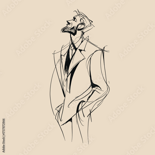 Expressive line drawing of a bearded man in a suit looking up. Minimalist sketch style on beige background, ideal for fashion and lifestyle projects