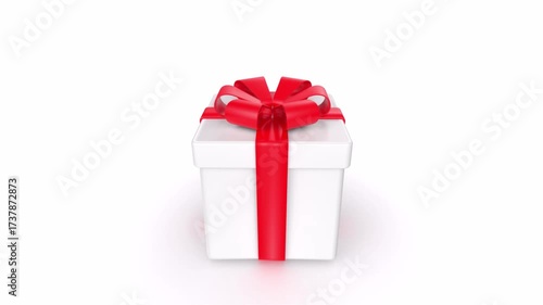 Elegant White Gift Box with Red Bow Gently Rotating on White Backdrop
