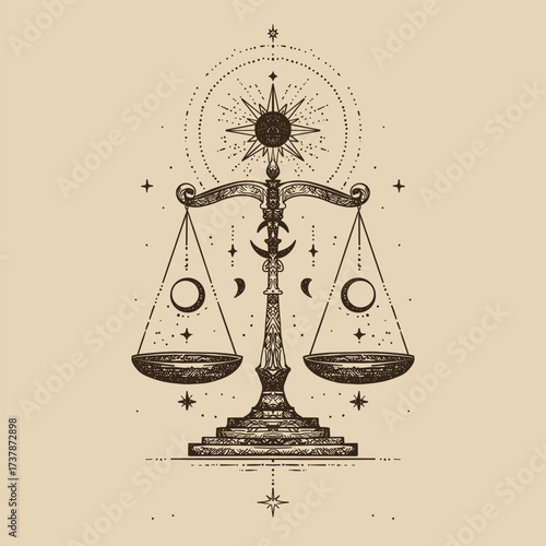 Decorative mystical vector illustration of scales with celestial symbols. Perfect for astrology, spirituality and balance themes