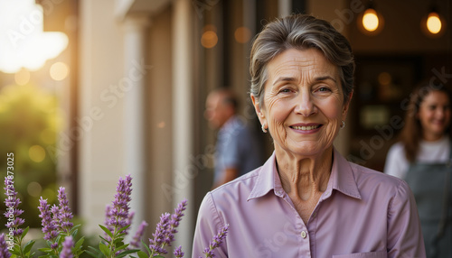 Elderly woman smiling in floral shop with warm sunlight background  