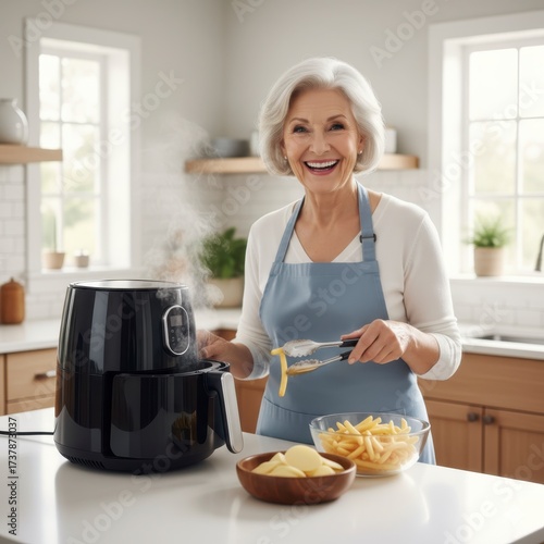 Smiling senior woman drizzling olive oil onto fresh vegetables for a meal prepared in a modern air fryer in a bright, rustic kitchen.

