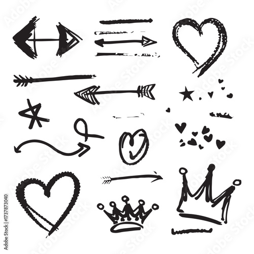 Hand-drawn line chalk brush stroke arrow icon set love with crown, underline, check mark, scribble texture vector template.