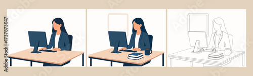 Business Woman Working at Computer Desk Illustration