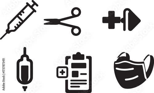 WebBlack and White Doctor Tools Icons – Stethoscope, Otoscope, Scalpel, Bandage Roll, Pill Blister Pack – Minimal Flat Medical Symbol Set