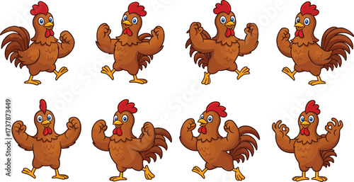 Muscular cartoon rooster mascot flexing arms, strong chicken character illustration, funny farm animal vector art, bodybuilding poultry design, anthropomorphic cock drawing, fitness gym symbol artwork