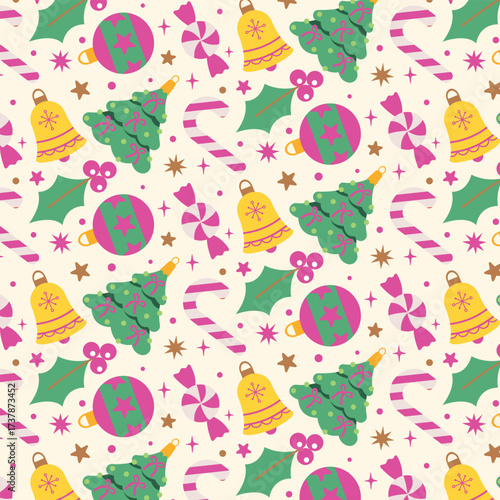 seamless pattern with cute christmas trees, bells, balls and candy for wrapping design.