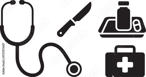WebBlack and White Doctor Tools Icons – Stethoscope, Otoscope, Scalpel, Bandage Roll, Pill Blister Pack – Minimal Flat Medical Symbol Set